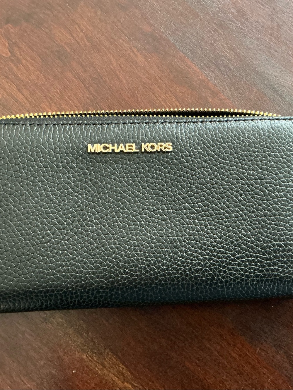 Michael Kors Black Pebbled Leather Zip Clutch Wallet with Gold Logo